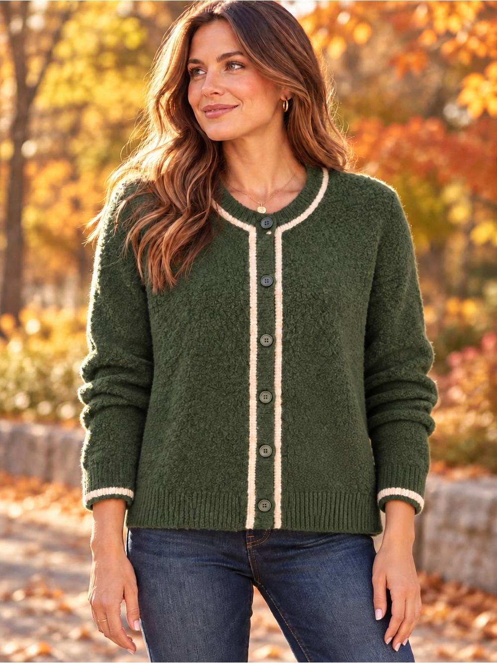 Zara Green Fuzzy Knit Cardigan Cream Trim Button Front Size M Cozy Preppy Fall